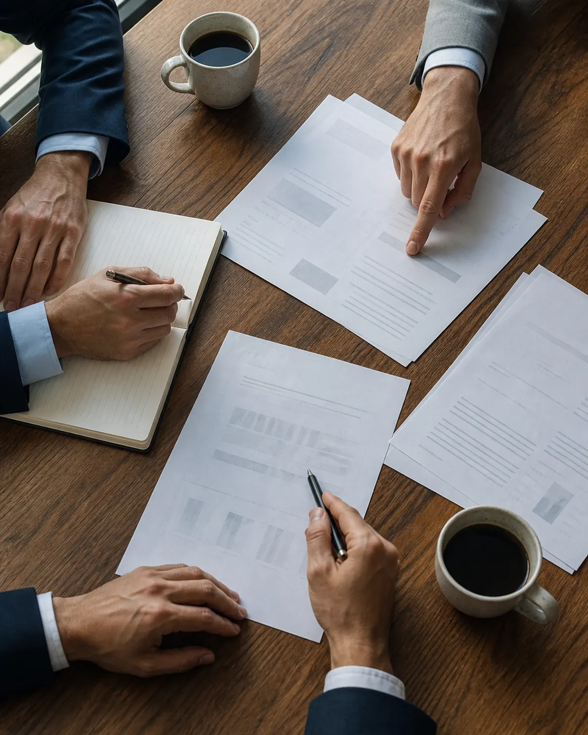 Business professionals discussing a plan around a table